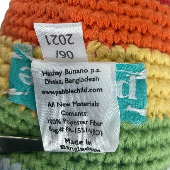 Pebble Handmade Crochet Bunny Rattle Toy Rainbow Stripes  12” Plush Doll - Picture 6 of 8